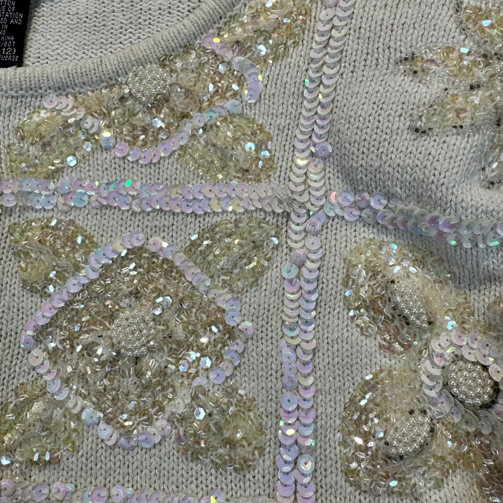 Work in Progress Sweater Women Medium Cream Sequin Beaded Vintage Glam Party - Picture 5 of 15